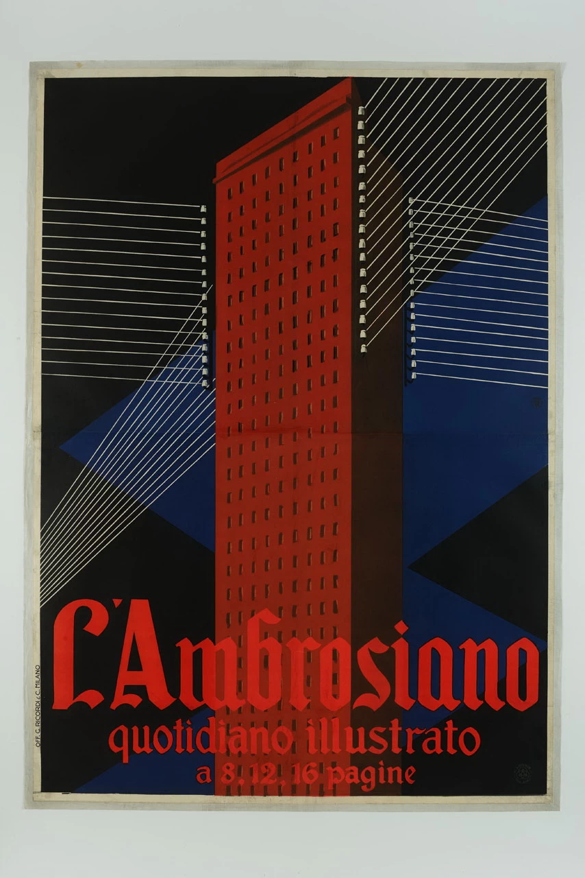  128-l'Ambrosiano quotidiano illustrato a 8, 12, 16 pagine. grattacielo da cui partono delle linee telefoniche  - Museo Nazionale Collezione Salce, Treviso 